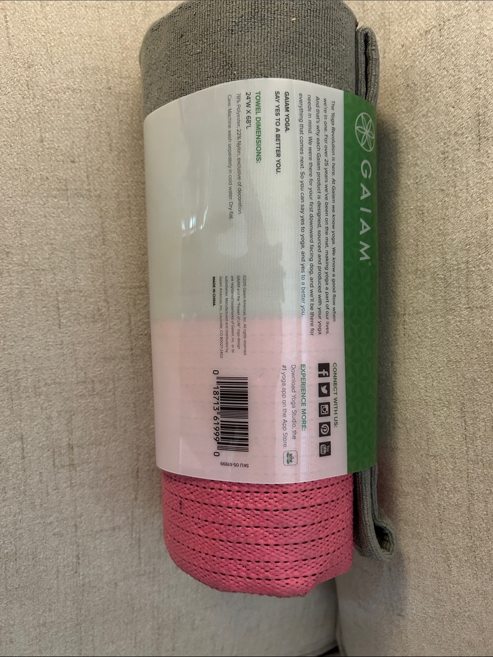 GAIAM Pink and Gray Non-Slip Grippy Yoga Mat Towel - Picture 2 of 2